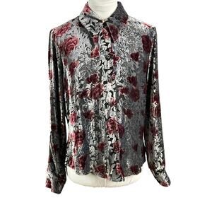 BEBE Velvet Burnout Button Up Down Top Shirt Gray Burgundy Large Whimsigoth 90s